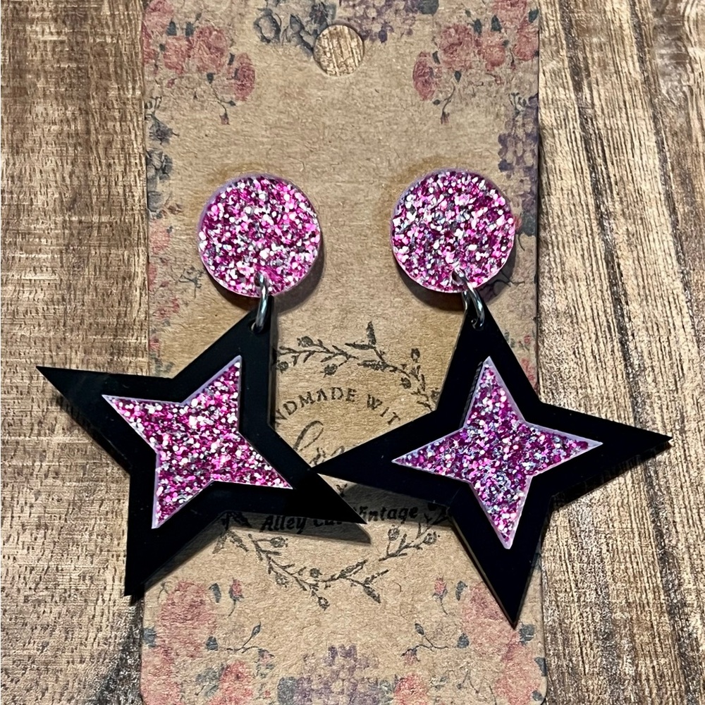 Atomic MCM Pink Purple Acrylic Star Earrings